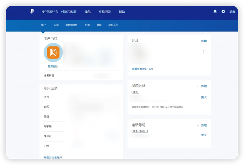 PayPal后台账户信息截图示例