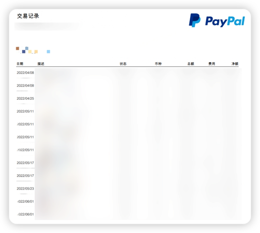 PayPal出入账记录示例