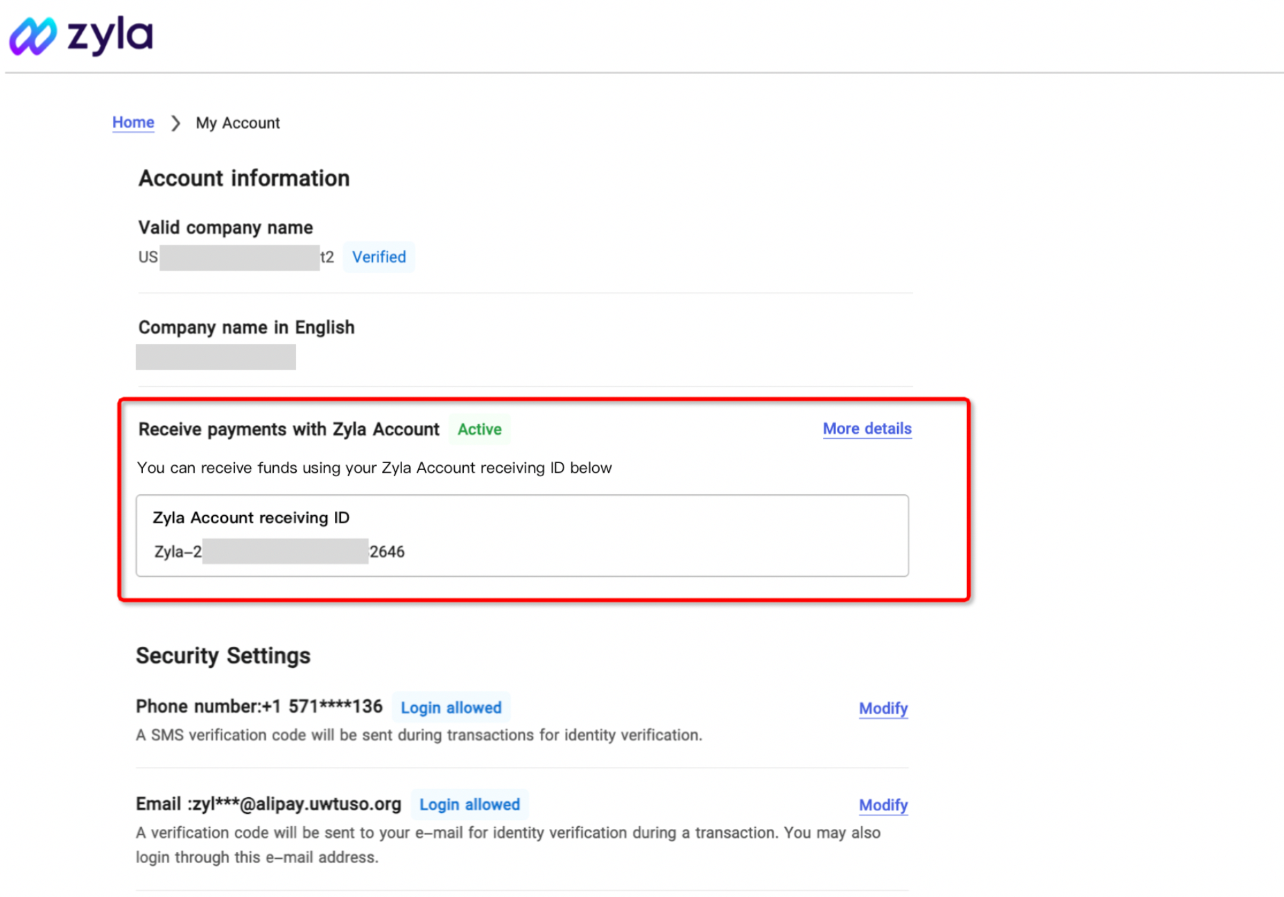 查看Zyla收款ID界面