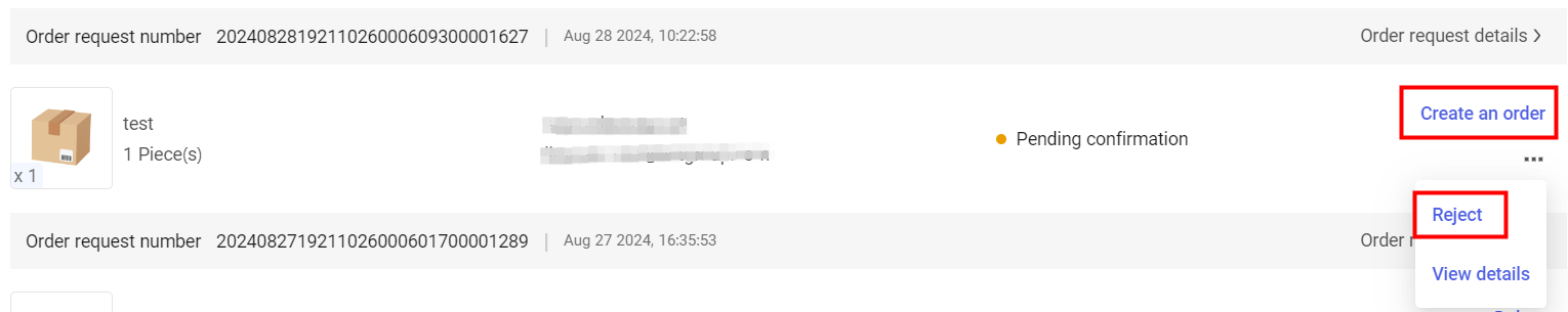 Create Order or Reject Request